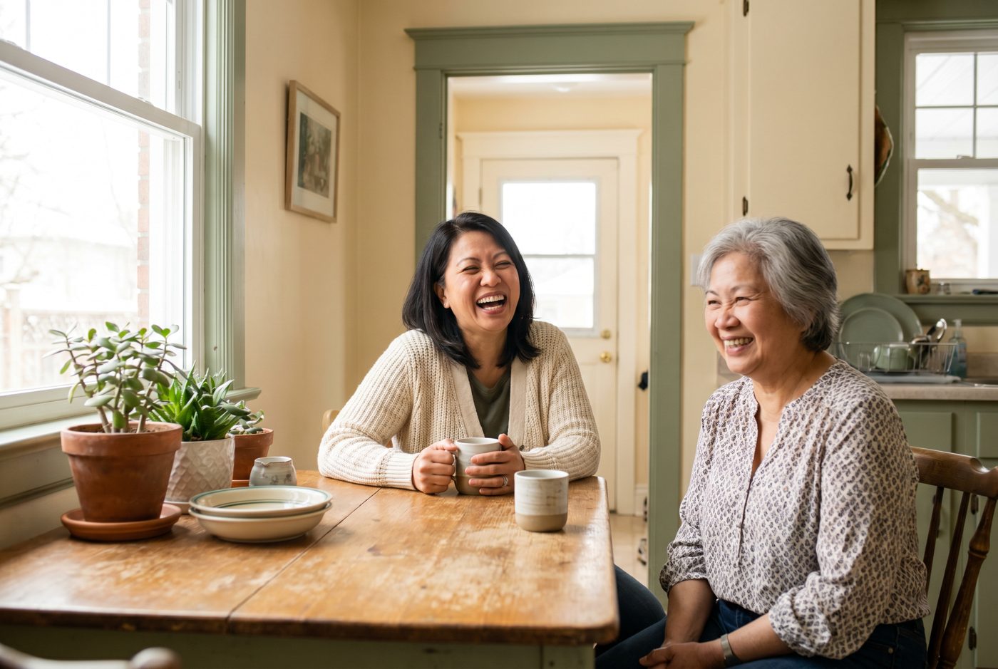 Two KapwaCare caregivers sharing a laugh over coffee in a bright Calgary kitchen