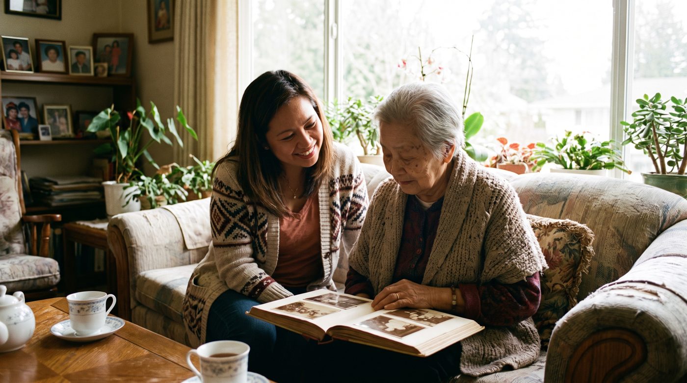 A KapwaCare caregiver and an elderly client looking at a photo album together by a window
