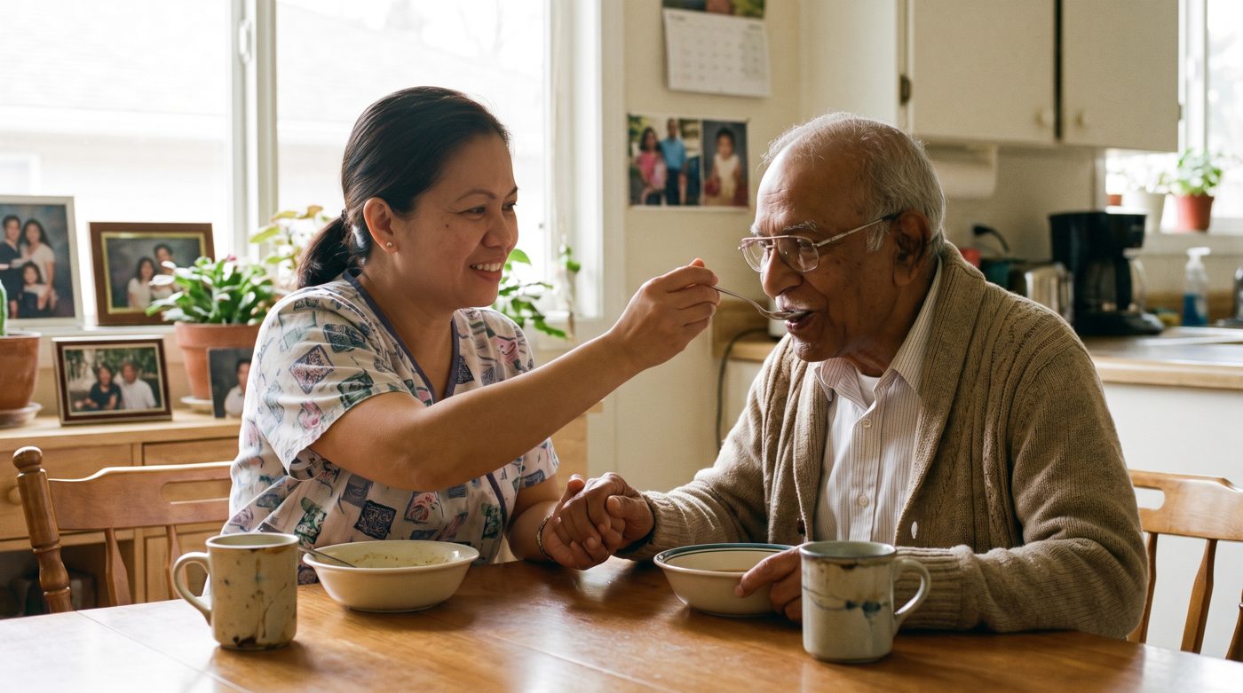 A KapwaCare caregiver helping an elderly client with a meal at the kitchen table