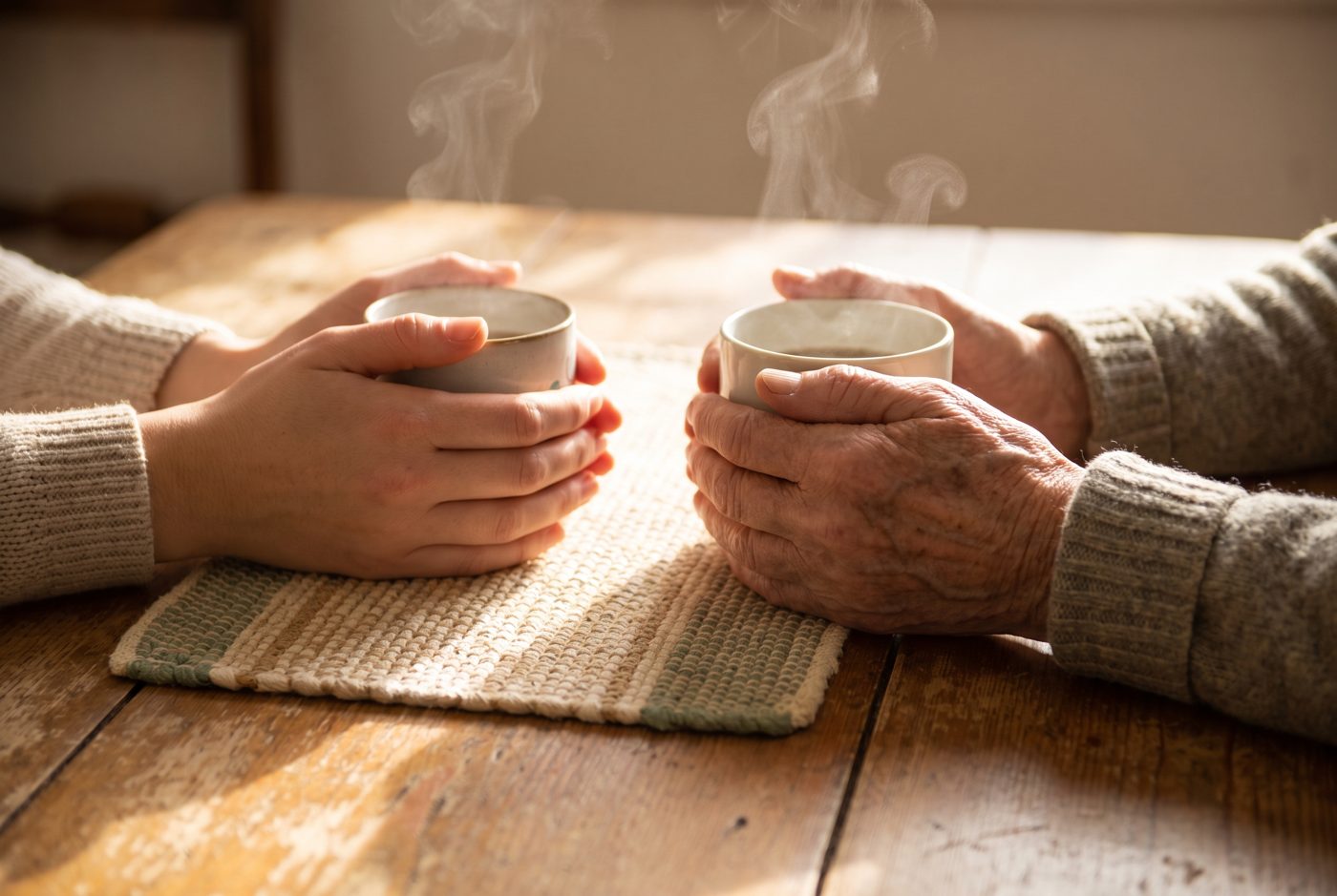 A younger caregiver and an elderly person holding warm cups of tea across a sunlit table